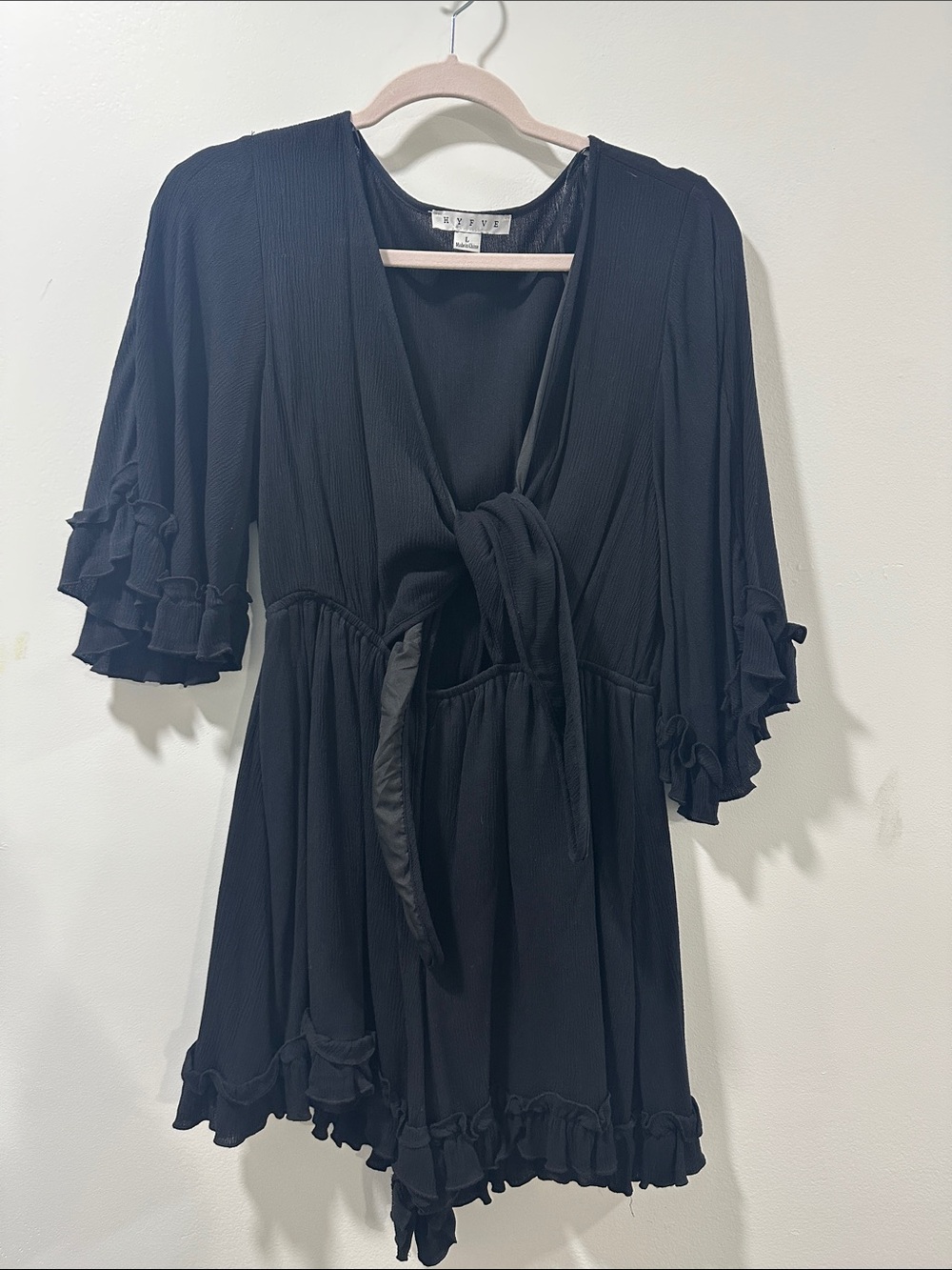 HYFVE Black Tie-Front Romper with Ruffle Trim